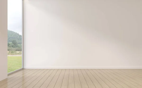 Mock-up of white empty room and wood laminate floor with sun light cast the shadow on the wall,Perspective of minimal inteior design on nature background. 3D rendering
