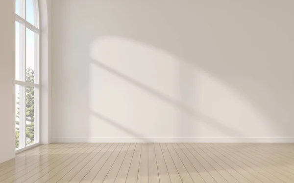 Mock White Empty Room Tihe Arch Window Wood Laminate Floor — Stock Photo, Image
