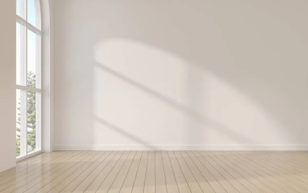 Beyaz, boş, kemer kemerli pencere ve ahşap kaplama zeminin maketi, güneş ışığı duvardaki gölgeyi yansıtıyor, asgari tamamlayıcı tasarım perspektifi. 3d oluşturma