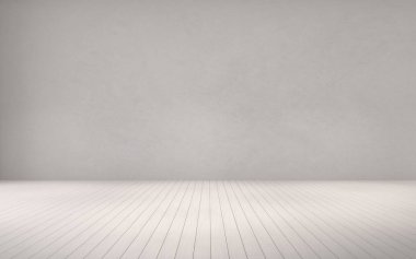 Beton boş oda ve ahşap kaplama zemin güneş ışığıyla kaplanmış, asgari tamamlayıcı tasarımın perspektifi olan gölgeyi duvara yansıtıyor. 3d oluşturma