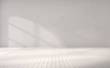 Beton boş oda ve ahşap kaplama zemin güneş ışığıyla kaplanmış, asgari tamamlayıcı tasarımın perspektifi olan gölgeyi duvara yansıtıyor. 3d oluşturma