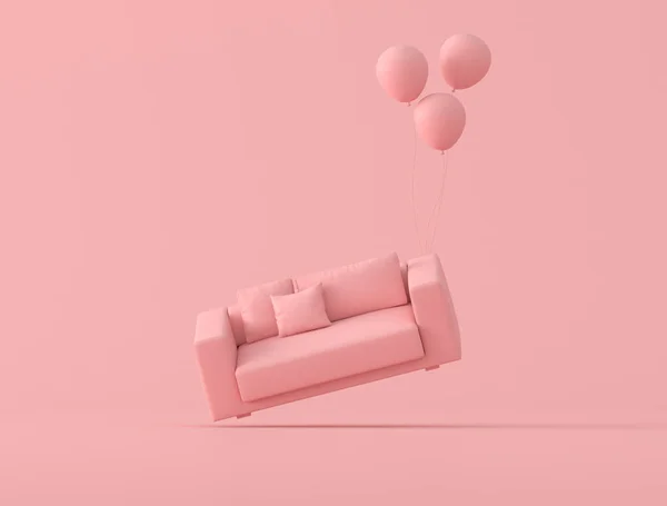 Abstract Conceptueel Idee Van Roze Sofa Zweeft Omhoog Door Ballonnen — Stockfoto