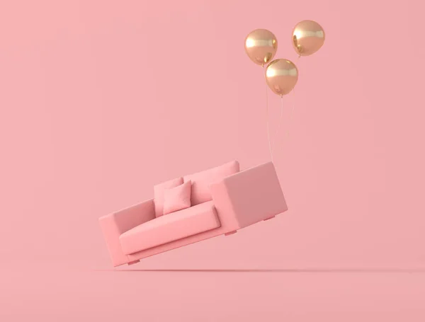 粉红沙发的概念概念是用金气球浮上水面 孤立在粉红的背景上 风格简约 3D渲染 — 图库照片