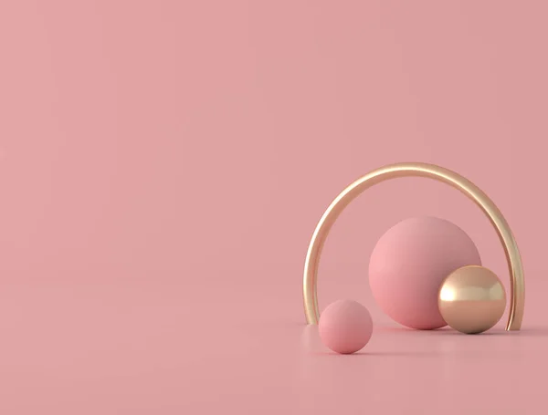 抽象几何形状 球面和金戒指粉色背景 最小风格 3D渲染 — 图库照片