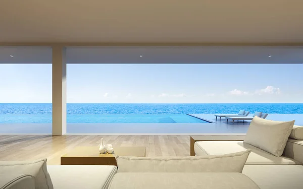 Näkökulma Moderni Ylellinen Olohuone Valkoinen Sohva Ääretön Uima Allas Merinäköalalla — kuvapankkivalokuva