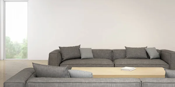 以自然为背景的带木桌和灰色沙发的现代客厅的视角 3D渲染 — 图库照片