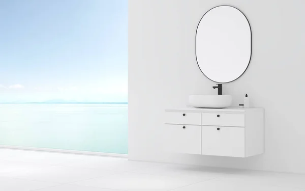 Vista Gabinete Blanco Con Espejo Redondo Fondo Vista Mar Diseño — Foto de Stock