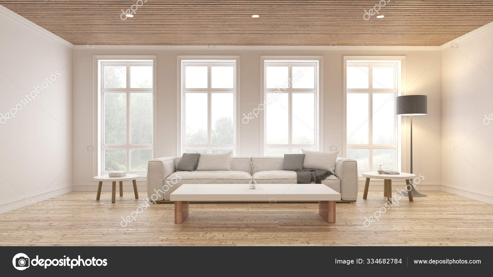 自然を背景に白いソファとランプと現代の北欧のリビングルームのスタイルの視点 部屋の太陽光キャスト影 木材インテリアデザイン 3dレンダリング 無料のストック写真 C Nuchao