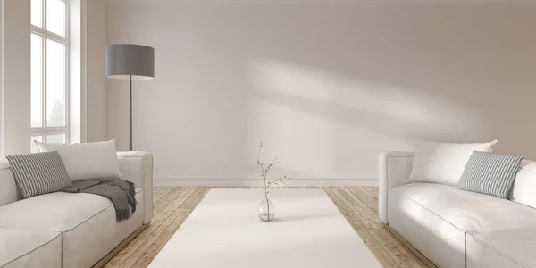 Modern İskandinav oturma odası tarzı beyaz kanepe ve arka planda lamba, odada güneş ışığı gölgesi, kereste iç tasarımı - 3D görüntüleme.