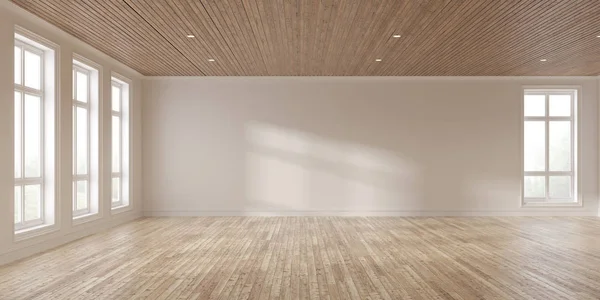Beyaz boş oda ve ahşap kaplamalı zemin, güneş ışığıyla kaplanmış duvar gölgesi, doğanın arka planında asgari tamamlayıcı tasarım perspektifi. 3d oluşturma.