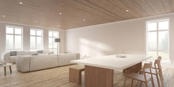 现代丑闻的透视鸟类客厅风格与白色沙发和餐桌 阳光投射在房间的阴影 木材室内设计3D渲染 — 图库照片