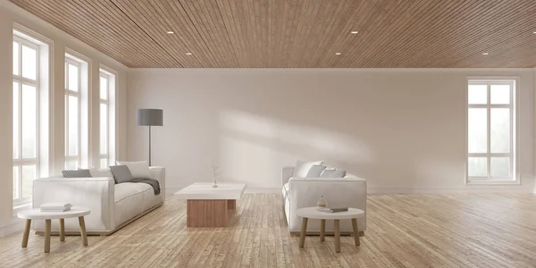 现代斯堪的纳维亚客厅风格透视 白色沙发 自然背景下的灯 阳光投射在房间的阴影 木材室内设计 3D渲染 — 图库照片