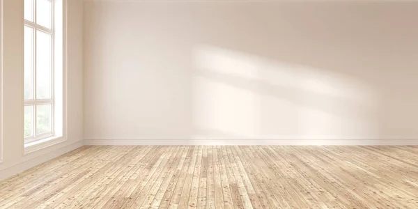 Mock-up of white empty room and wood laminate floor with sun light cast the shadow on the wall,Perspective of minimal inteior design on nature background. 3D rendering.