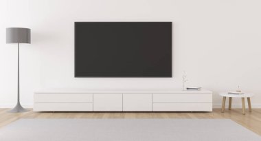 View of minimal living room with TV on plain wall. Interior design with furniture, laminate cabinet and lamp, 3d rendering.