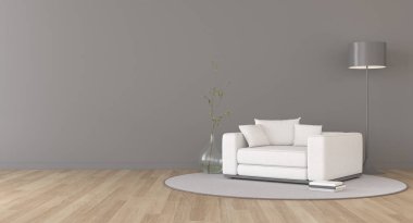View of grey living room in minimal style with sofa and small side table on laminate floor.Perspective of interior design. 3d rendering.
