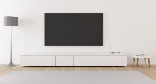 Blick Auf Minimales Wohnzimmer Mit Fernseher Schlichter Wand Inneneinrichtung Mit — Stockfoto