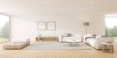 Perspective of modern living room with bright furniture and white sofa on nature background. Minimal style. 3D rendering.