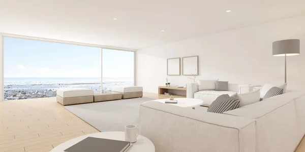 Perspective of modern living room with bright furniture and white sofa on sea background. Minimal style. 3D rendering.