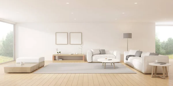 Perspective of modern living room with bright furniture and white sofa on nature background. Minimal style. 3D rendering.