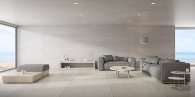 Perspective of modern living room with marble wall and grey sofa on sea view background. Minimal style. 3D rendering.