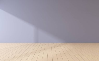 Boş oda ve ahşap kaplamalı zemin, güneş ışığıyla kaplanmış, iç tasarımın en düşük perspektifi olan duvarın gölgesi. 3B görüntüleme
