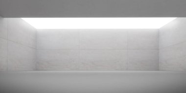Duvarında güneş ışığı gölgesi olan beton bloğun ritmiyle mimari alanın soyutlanması. Çimento dokusu. 3B görüntüleme.
