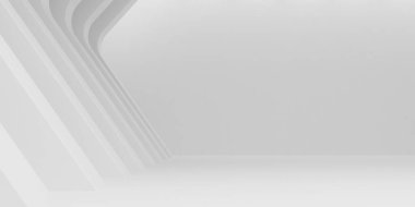 Beyaz yapının ritmi ve duvarda güneş ışığı gölgesi olan bir mimari alanı. 3B görüntüleme.