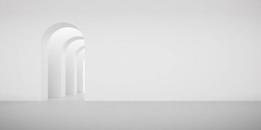 Kemer tasarımı ve beton zemini olan boş beyaz oda, müze alanı, şapel girişi, minimal mimari bakış açısı. 3d hazırlayıcı.