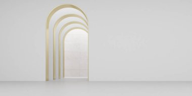 Kemer tasarımı ve beton zemini olan boş beyaz oda, müze alanı, şapel girişi, minimal mimari bakış açısı. 3d hazırlayıcı.