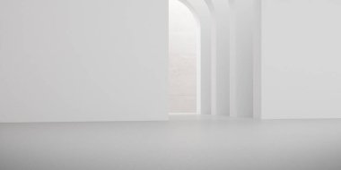 Kemer tasarımı ve beton zemini olan boş beyaz oda, müze alanı, şapel girişi, minimal mimari bakış açısı. 3d hazırlayıcı.