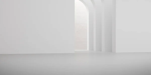 View of empty white room with arch design and concrete floor,Museum space, Chapel entrance, Perspective of minimal architecture. 3D render.