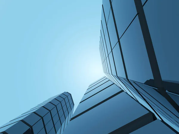 View of high rise glass office building and dark steel window system on blue clear sky background,Business concept of future architecture,looking up to the top of building with sun light. 3d render.