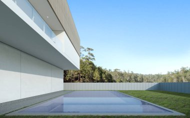 Gündüz vakti yüzme havuzlu lüks modern ev perspektifi doğa arka planı, minimal mimari tasarım fikri. 3B görüntüleme.