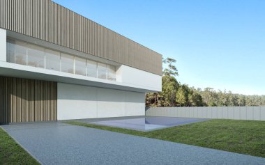 Gündüz vakti yüzme havuzlu lüks modern ev perspektifi doğa arka planı, minimal mimari tasarım fikri. 3B görüntüleme.