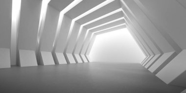 Duvarında ışık gölgesi olan beton iç mekan, Geometrik yapı, gaddarlık mimarisi perspektifi, müze uzay tasarımı. 3d oluşturma.