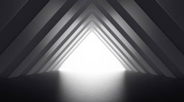 Uzun tünelin soyut üçgen şekli, fütüristik mimari alan, geometrik desen, 3D görüntüleme.