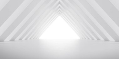Duvarında ışık gölgesi olan beyaz beton iç mekan, Geometrik yapı, gaddarlık mimarisi perspektifi, müze uzay tasarımı. 3d oluşturma.