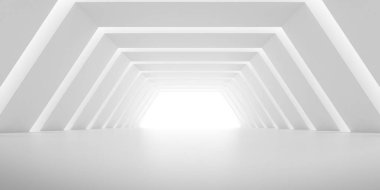 Duvarında ışık yansıması olan beyaz beton tünel, geometrik yapı, vahşet mimarisi perspektifi, müze uzay tasarımı. 3d oluşturma.