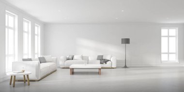Modern oturma odası manzarası, beyaz kanepe ve beton duvarda yan masa, minimum İskandinav tasarımı. 3B görüntüleme.
