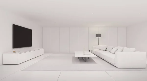 Utsikt Hvit Stue Moderne Stil Med Skinnsofa Lyse Fliser Minimalt – stockfoto