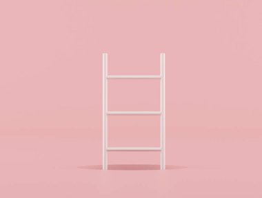 Beyaz merdiven ve pembe arka planda süzülen mavi top kavramı. 3B görüntüleme.