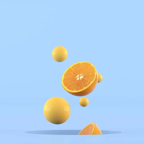 最小的概念概念的切片橙子和小黄球浮出孔蓝色背景 3D渲染 — 图库照片