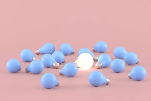 粉红背景蓝色灯泡中灯泡的最小概念概念 3D渲染 — 图库照片