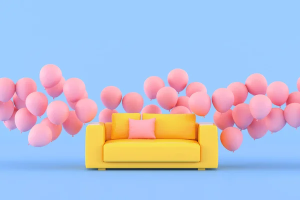 Ide Konseptual Minimal Sofa Kuning Mengelilingi Dengan Balon Mengambang Merah — Stok Foto