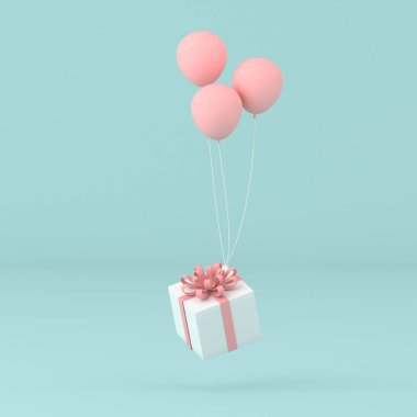 Mevcut kutunun pastel arka planda balonlarla yüzmesi fikri asgari kavramsal. 3B görüntüleme 