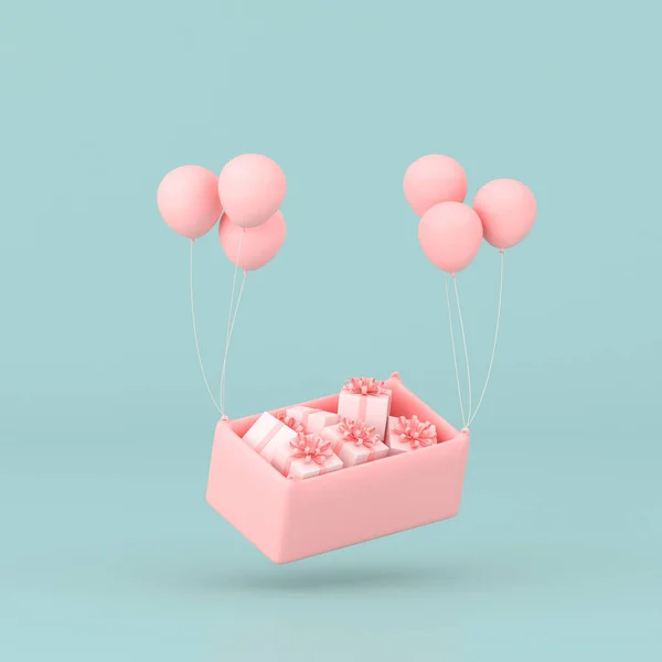篮子里的现有盒子被粉红气球环绕的最小的概念概念概念 3D渲染 — 图库照片