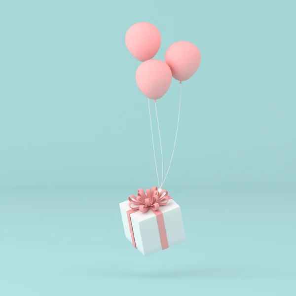 Ideia Conceitual Mínima Caixa Presente Flutuando Por Balões Fundo Pastel — Fotografia de Stock
