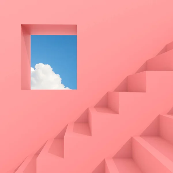 最小的抽象建筑空间与正方形的窗户和楼梯蓝色的天空背景 建筑设计与阴影的粉红色表面 3D渲染 — 图库照片
