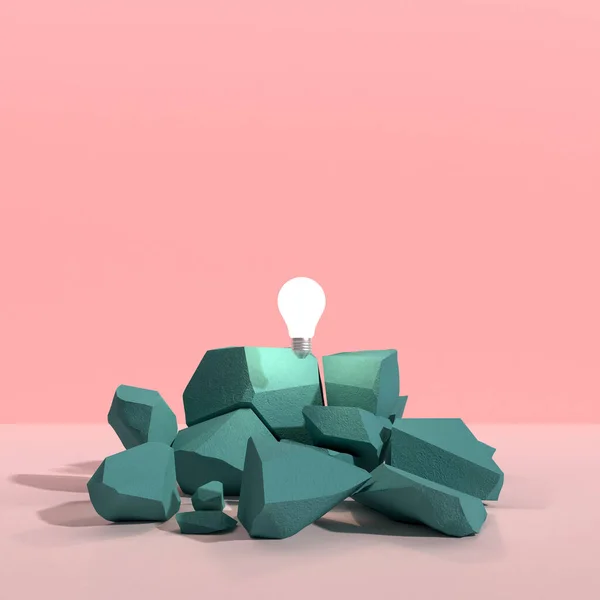 Minimal abstract of floating light bulb above the cracked rock on color background 3D rendering.