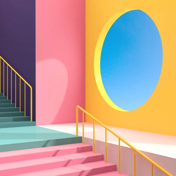 Minimal abstract building space with round window and staircase on blue sky background, Architectural details with shade and shadow on colorful wall. 3D rendering.